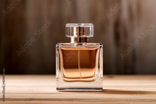 Mockup perfume bottle in a minimal style on a wooden stand. Copy space. Product design perfumery concept