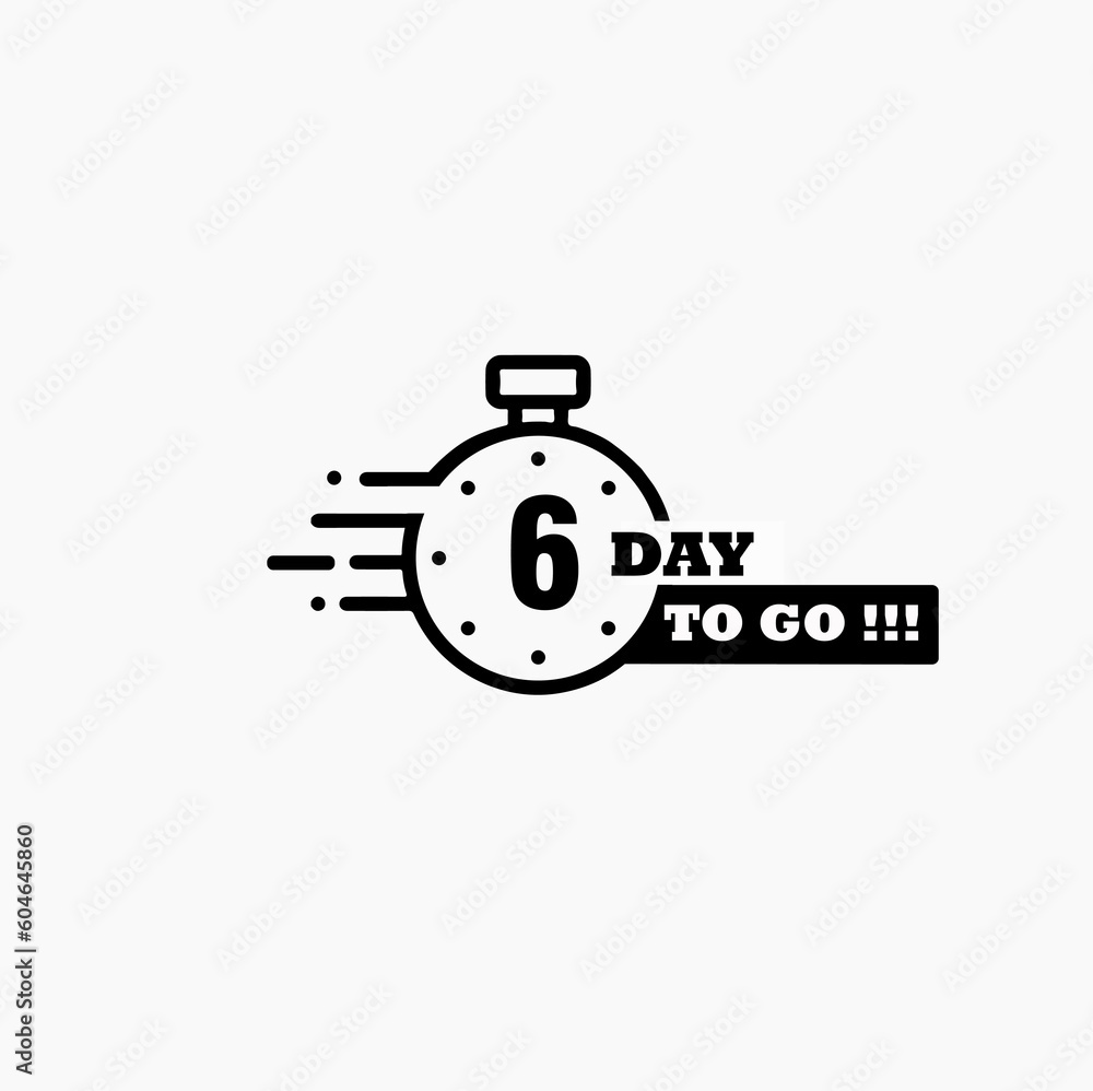 6 days left. Vector emblem with the number of days remaining. label, black alarm clock flat with ribbon, promotion icon, best deal symbol vector illustration. 6 days left. Vector emblem with the number of days remaining. label, black alarm clock flat with ribbon, promotion icon, best deal symbol vector illustration.