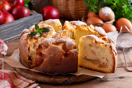 Homemade apple pie pastry on a table, sweet and dessert concept.