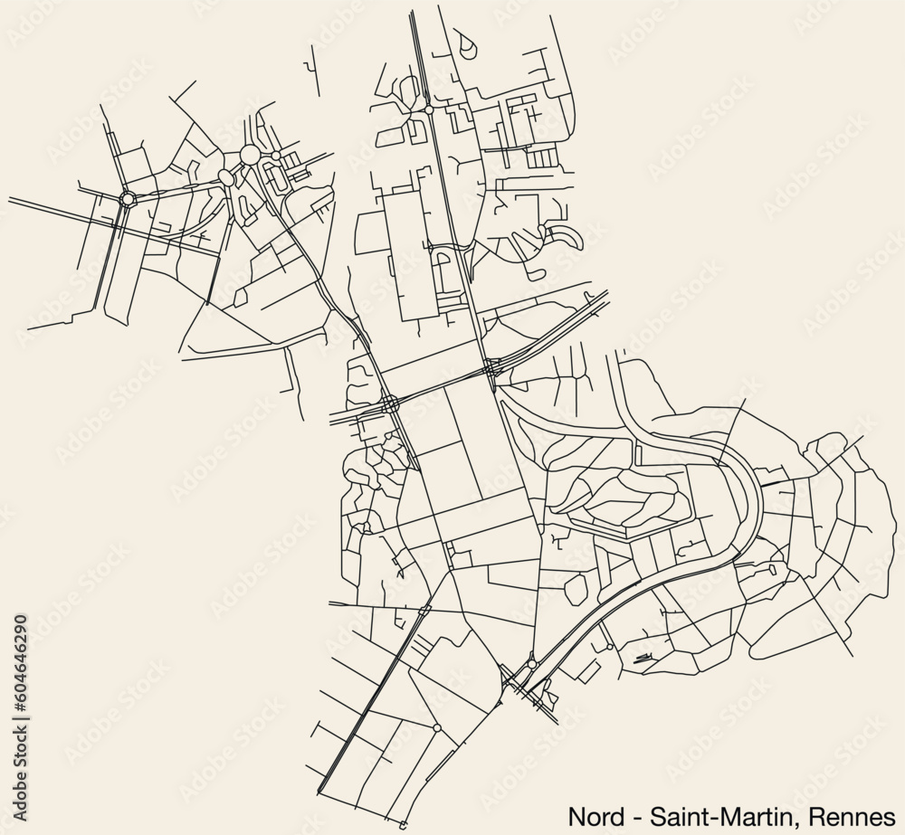 Detailed hand-drawn navigational urban street roads map of the NORD - SAINT-MARTIN QUARTER of the French city of RENNES, France with vivid road lines and name tag on solid background