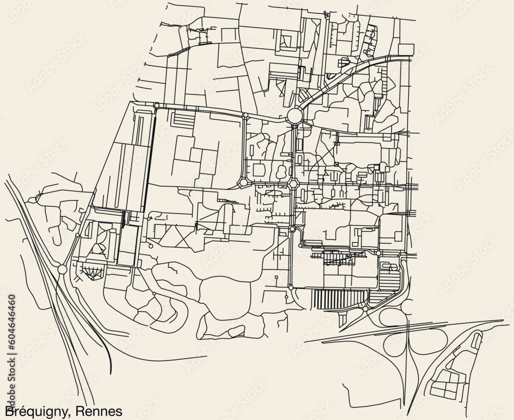 Detailed hand-drawn navigational urban street roads map of the BRÉQUIGNY QUARTER of the French city of RENNES, France with vivid road lines and name tag on solid background