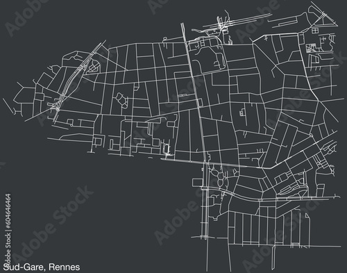 Detailed hand-drawn navigational urban street roads map of the SUD-GARE QUARTER of the French city of RENNES, France with vivid road lines and name tag on solid background