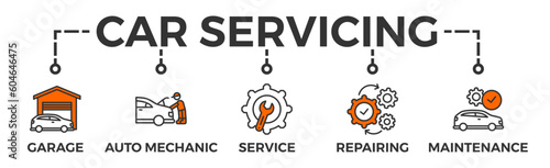 Car servicing banner web icon vector illustration concept with icon of garage, auto mechanic, service, repairing and maintenance © Exclusive icon