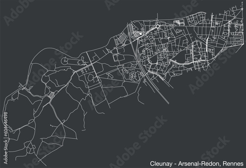 Detailed hand-drawn navigational urban street roads map of the CLEUNAY - ARSENAL-REDON QUARTER of the French city of RENNES, France with vivid road lines and name tag on solid background