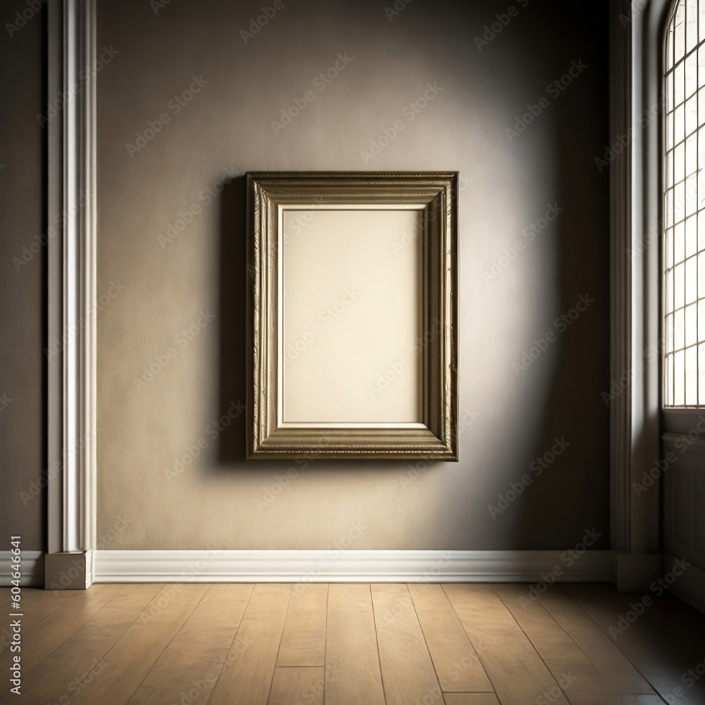 A single empty bronze frame with an antique finish, positioned diagonally on a cream-colored wall with a rustic wooden floor A single empty bronze frame with an antique finish, positioned diagonally on a cream-colored wall with a rustic wooden floor