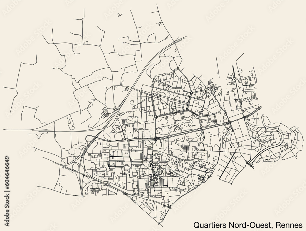 Detailed hand-drawn navigational urban street roads map of the QUARTIERS NORD-OUEST QUARTER of the French city of RENNES, France with vivid road lines and name tag on solid background