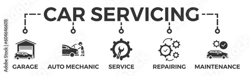 Car servicing banner web icon vector illustration concept with icon of garage, auto mechanic, service, repairing and maintenance