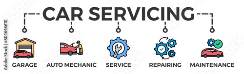 Car servicing banner web icon vector illustration concept with icon of garage, auto mechanic, service, repairing and maintenance