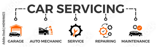 Car servicing banner web icon vector illustration concept with icon of garage, auto mechanic, service, repairing and maintenance