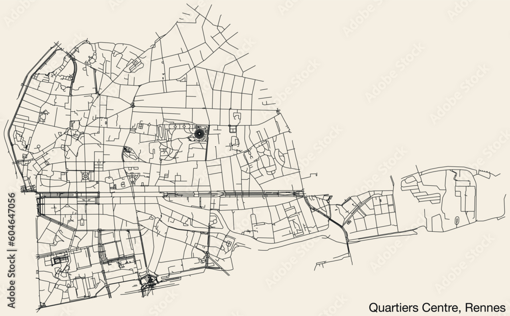 Naklejka premium Detailed hand-drawn navigational urban street roads map of the QUARTIERS CENTRE QUARTER of the French city of RENNES, France with vivid road lines and name tag on solid background