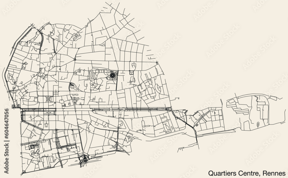 Detailed hand-drawn navigational urban street roads map of the QUARTIERS CENTRE QUARTER of the French city of RENNES, France with vivid road lines and name tag on solid background
