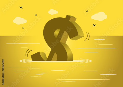 Dollar sign falling into water, dedollarization concept