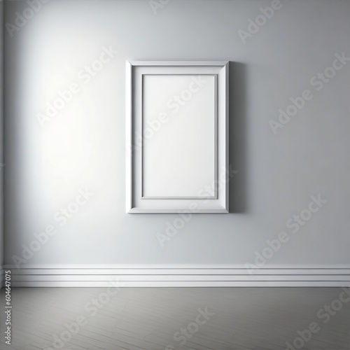 A single empty frame with a distressed white finish leans against a dark wooden bookshelf on a soft peach painted wall.  