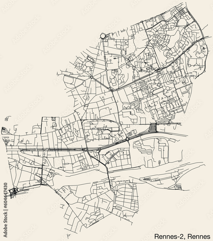 Detailed hand-drawn navigational urban street roads map of the RENNES-2 CANTON of the French city of RENNES, France with vivid road lines and name tag on solid background