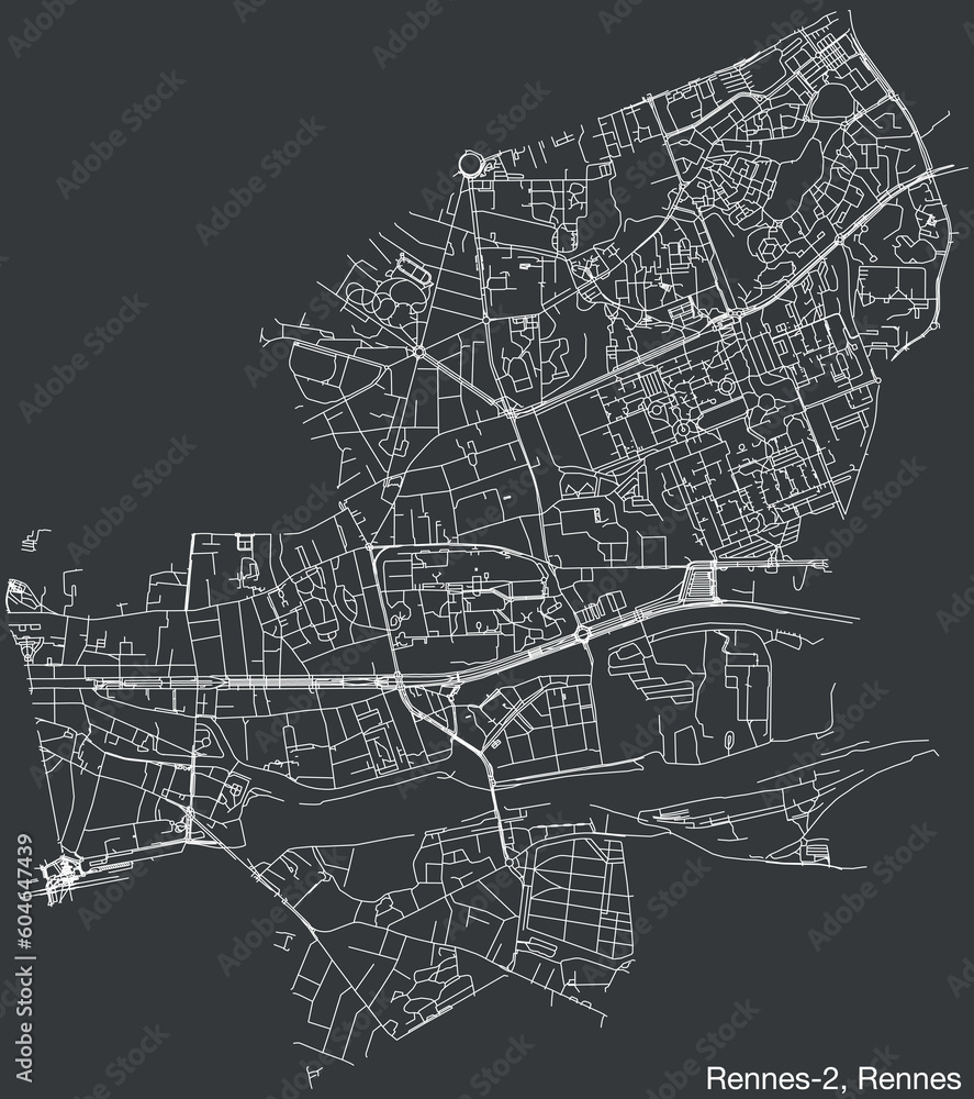Detailed hand-drawn navigational urban street roads map of the RENNES-2 CANTON of the French city of RENNES, France with vivid road lines and name tag on solid background