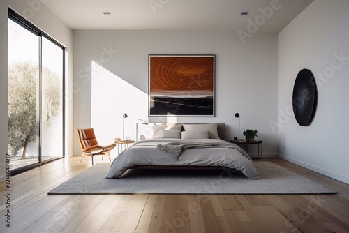 Wide angle of comfortable and modern apartment bedroom using generative AI photo