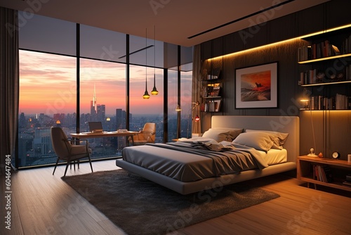 Wide angle of comfortable, grey modern apartment bedroom decor using generative AI