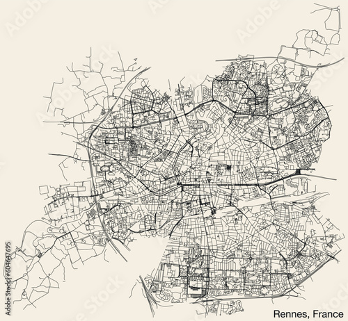 Detailed hand-drawn navigational urban street roads map of the French city of RENNES, FRANCE with solid road lines and name tag on vintage background