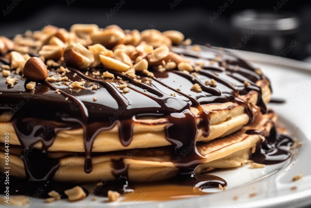 Generative AI pancake with chocolate glaze and slice peanut Editor Food Photography Generative AI pancake with chocolate glaze and slice peanut Editor Food Photography
