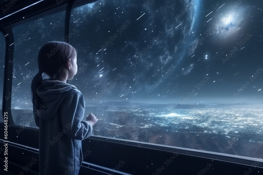 Fototapeta premium Child look at night Sky with many stars through the panoramic window of spaceship, created with Generative AI Technology
