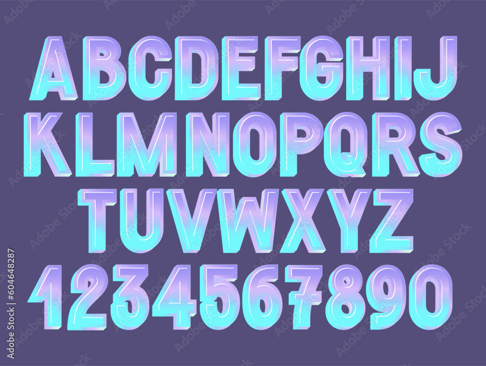 Holographic Techno Font. English Alphabet with Soft Gradient. Letters and Numbers for Title.