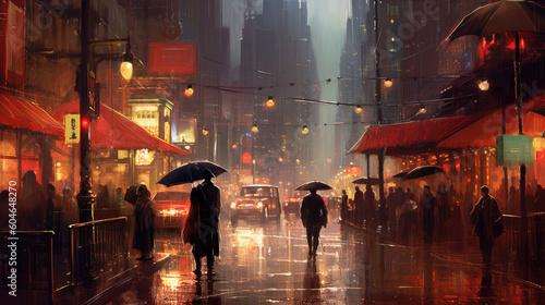 A bustling city street in the rain, with people hurrying under umbrellas
