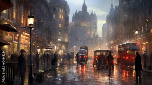 A bustling city street in the rain, with people hurrying under umbrellas © VincentBesse 