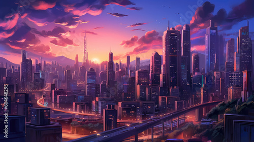 A vibrant cityscape at dusk, with the city lights beginning to twinkle
