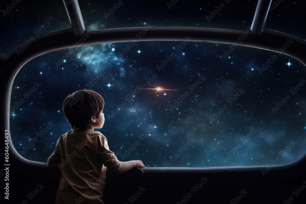 Children look at the universe through the panoramic window of spaceship, created with Generative AI Technology Children look at the universe through the panoramic window of spaceship, created with Generative AI Technology