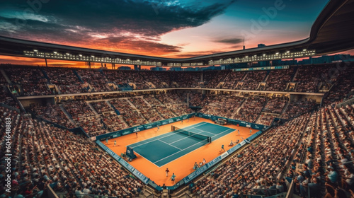 Court de tennis et public au coucher de soleil