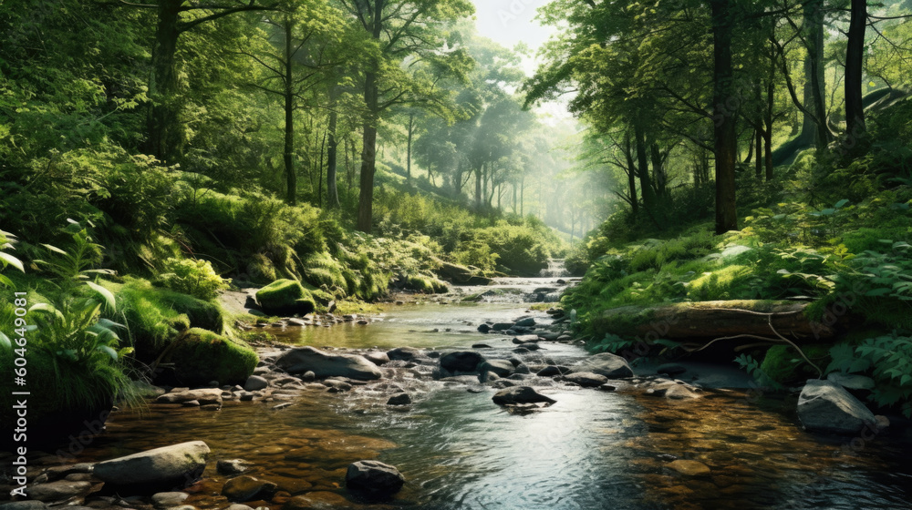 Obraz premium Rivière et sous-bois, rayon de lumière