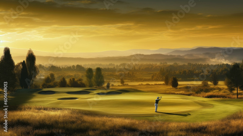 Parcours de golf au coucher du soleil