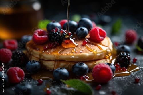 Generative AI pancake with honey glaze and mix berries Editorial Food Photography