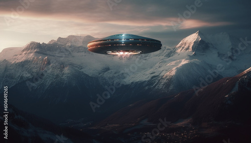Futuristic spaceship levitates over majestic mountain range, discovering alien landscape generated by AI