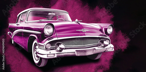 Painting of a pink retro car on a black background, copy space, Generated AI