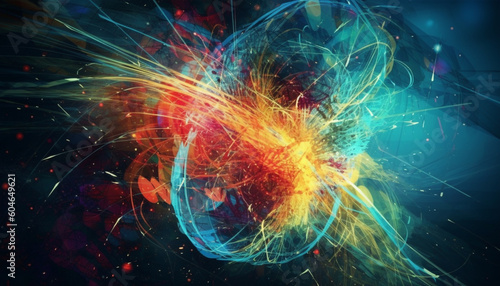 Electricity ignites vibrant colors in exploding fractal galaxy chaos generated by AI