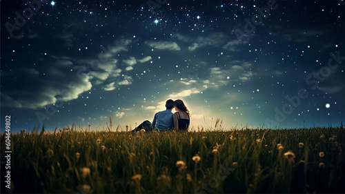 A couple sitting in a field with the stars in the sky. Generative AI