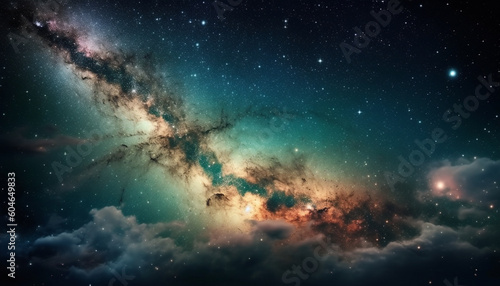 Milky Way galaxy illuminates star trail in dark mountain landscape generated by AI © Stockgiu