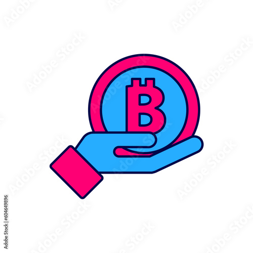 Filled outline Hand holding Bitcoin icon isolated on white background. Blockchain technology, digital money market, cryptocoin wallet. Vector