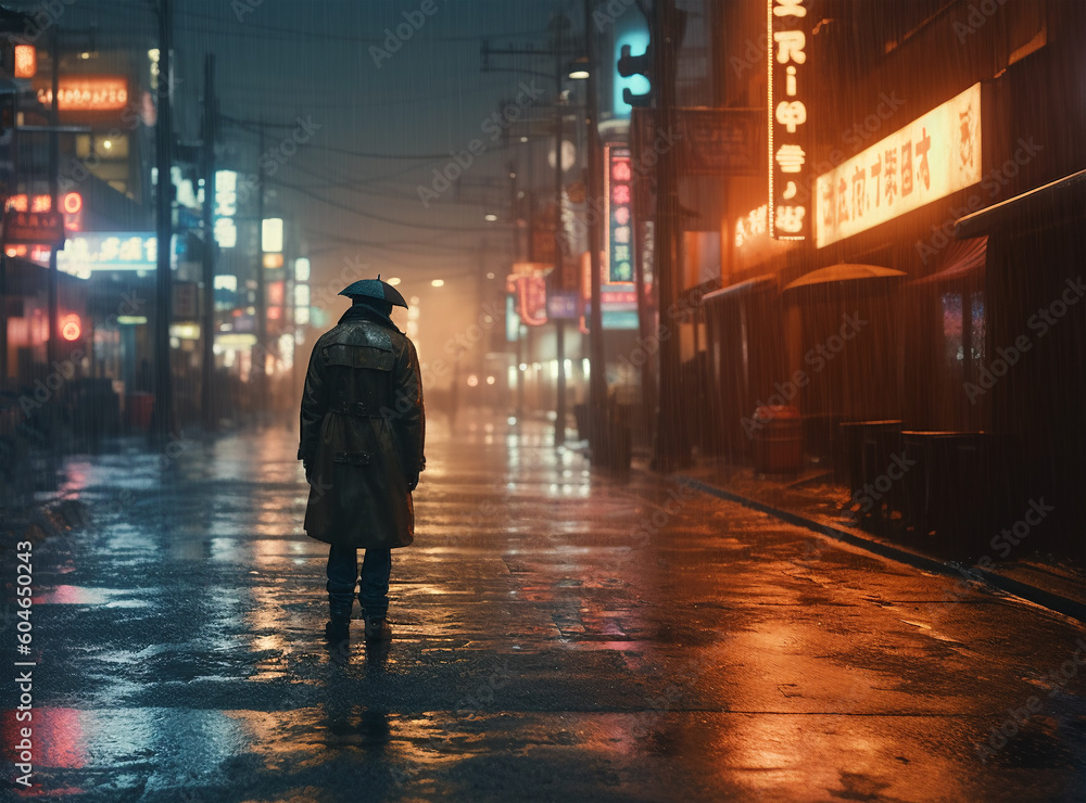 A cowboy walks down a night street in an Asian city, Generated AI