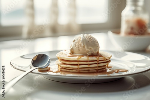 Generative AI scoop ice cream with pancake on plate Editorial  Food Photography