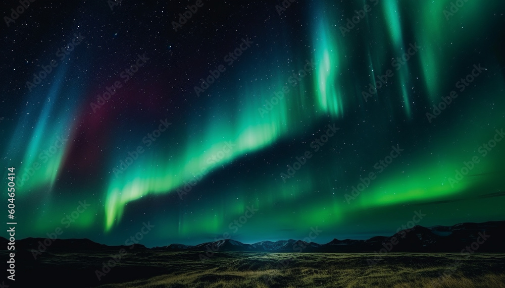 Majestic mountain range illuminated by vibrant aurora polaris in Tromso generated by AI