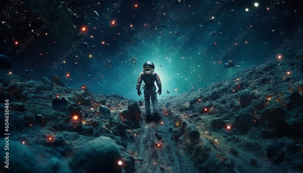 Women underwater scuba diving journey explores the blue galaxy reef generated by AI Women underwater scuba diving journey explores the blue galaxy reef generated by AI