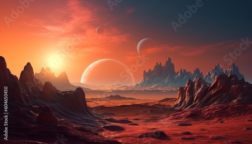 Spaceship orbits majestic planet in fantasy galaxy illustration at dusk generated by AI