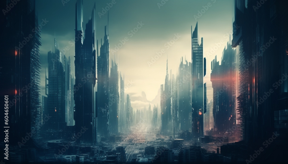 Futuristic skyline glows in twilight, a modern cityscape fantasy generated by AI