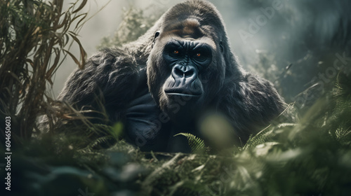 Animal Power - Creative and gorgeous colored portrait of a gorilla in the jungle that is as true to the original as possible and photo-like