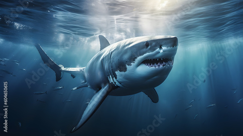 Animal Power -great  white shark underwater with sunrays from evening light upon
