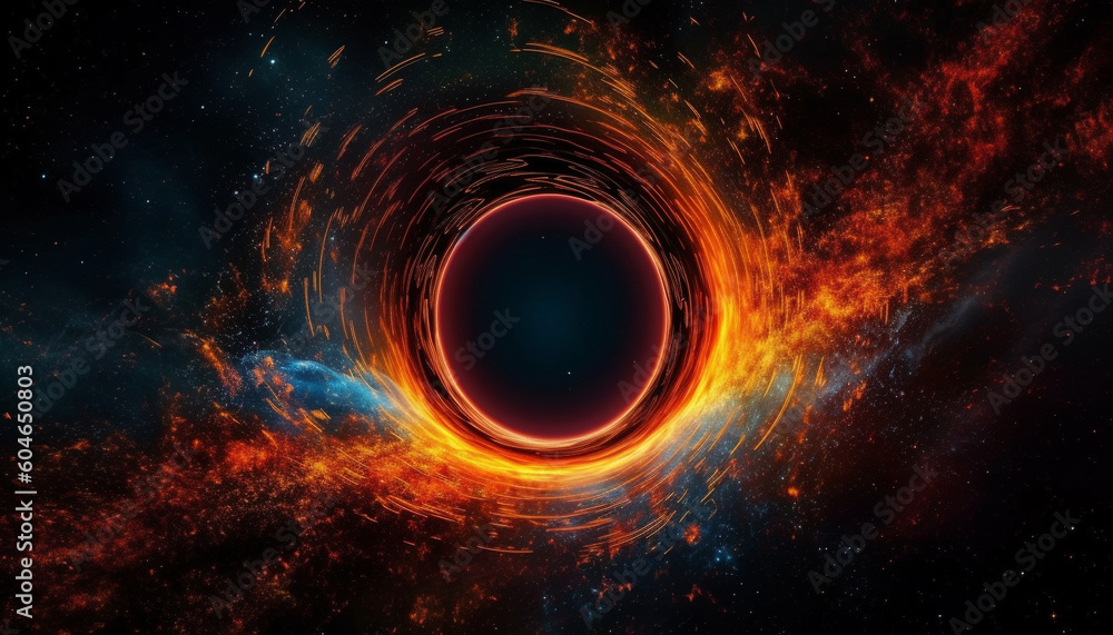 Obraz premium Glowing star shapes orbiting exploding galaxy in deep space fantasy generated by AI