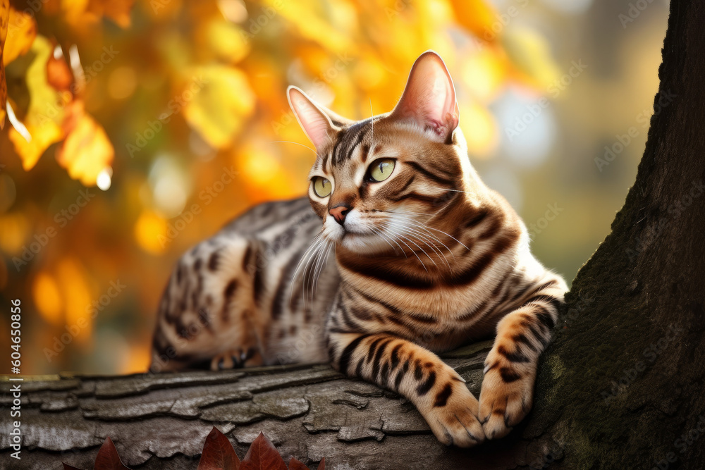 Naklejka premium portrait of bengal cat laying on the branch of tree in autumn day, created with Generative AI Technology