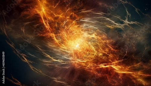 Fiery abstract galaxy explodes in vibrant, multi colored inferno of creativity generated by AI